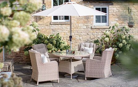 Bramblecrest Chedworth 4 Seat Round Outdoor Garden Dining Set with Parasol & Base - Sandstone-X21WCW120RD1 1