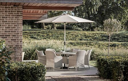 Bramblecrest Tetbury Tree Free Six Seat Round Outdoor Dining Set with Parasol and Base - Nutmeg-X20WKN135RD3 1