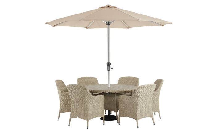 Bramblecrest Tetbury Tree Free Six Seat Round Outdoor Dining Set with Parasol and Base - Nutmeg-X20WKN135RD3 1
