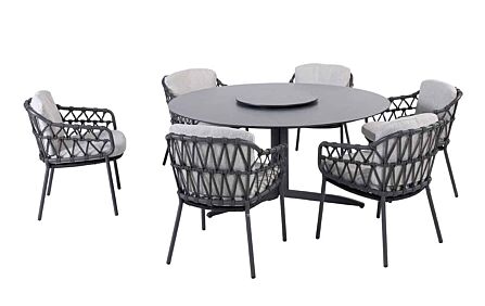 4 Seasons Outdoor Calpi 6 Seat Dining Set with HPL Top Table with a Lazy Susan