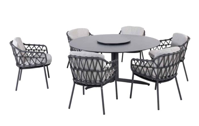 4 Seasons Outdoor Calpi 6 Seat Dining Set with HPL Top Table with a Lazy Susan