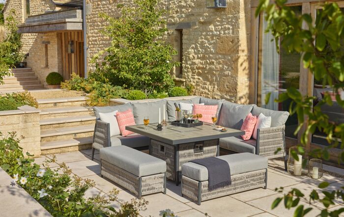 Bramblecrest Mauritius Grey Outdoor Corner Sofa Set with Firepit Table