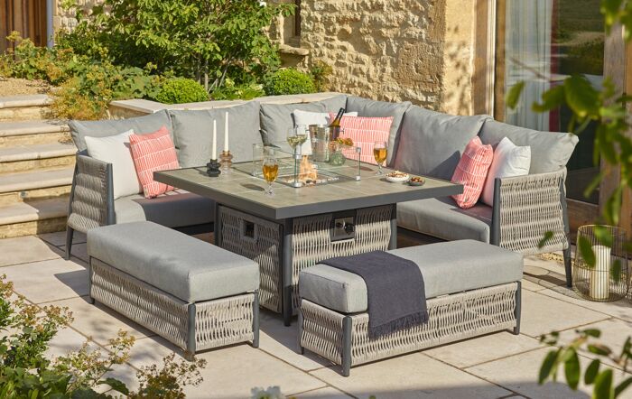 Bramblecrest Garden Furniture - Mauritius Grey Corner Sofa with Square Firepit Table & 2 Benches