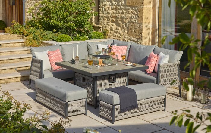 Bramblecrest Mauritius Grey Outdoor Corner Sofa Set with Firepit Table