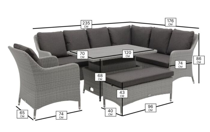 Bramblecrest Tetbury Rattan L-Shape Sofa with Rectangle Adjustable Tree-Free Table, Bench & Chair - Graphite