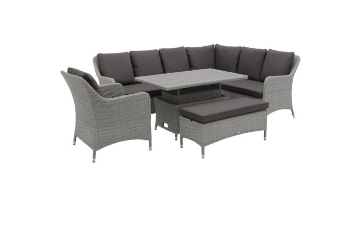 Bramblecrest Tetbury Rattan L-Shape Sofa with Rectangle Adjustable Tree-Free Table, Bench & Chair - Graphite