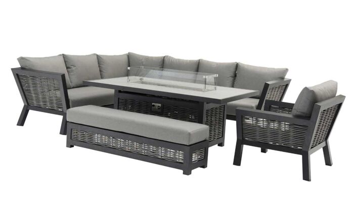 Bramblecrest Tuscan Large L-Shape Sofa with Rectangle Firepit Table, Bench & Chair - Grey