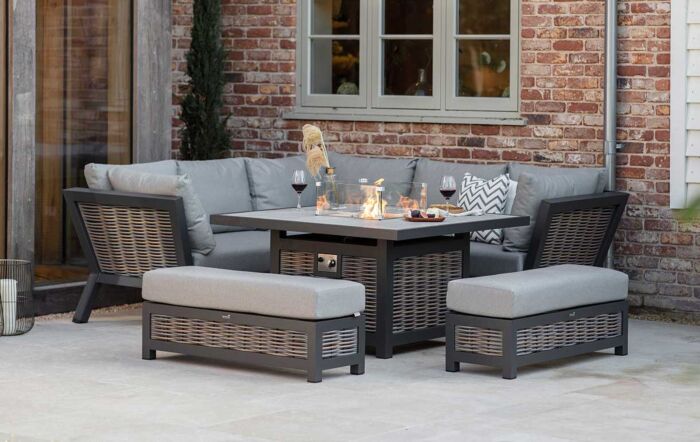 Bramblecrest Tuscan Corner Sofa Outdoor Set with Firepit Table - Grey