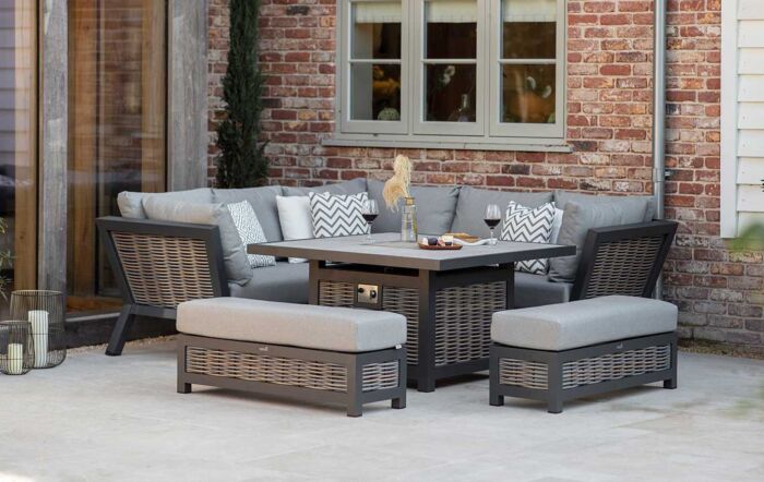 Bramblecrest Tuscan Corner Sofa Outdoor Set with Firepit Table - Grey