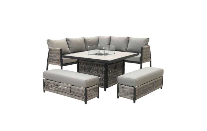 Bramblecrest Mauritius Grey Outdoor Corner Sofa Set with Firepit Table