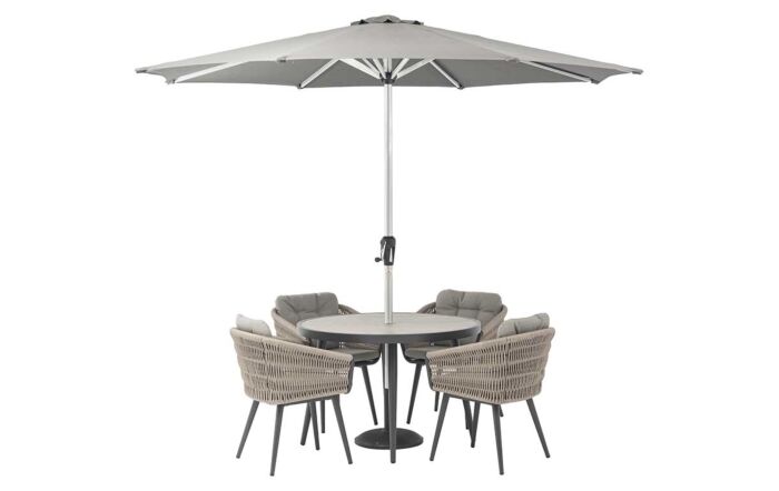 Bramblecrest Mauritius Round 4 Seat Dining Set with Parasol & Base