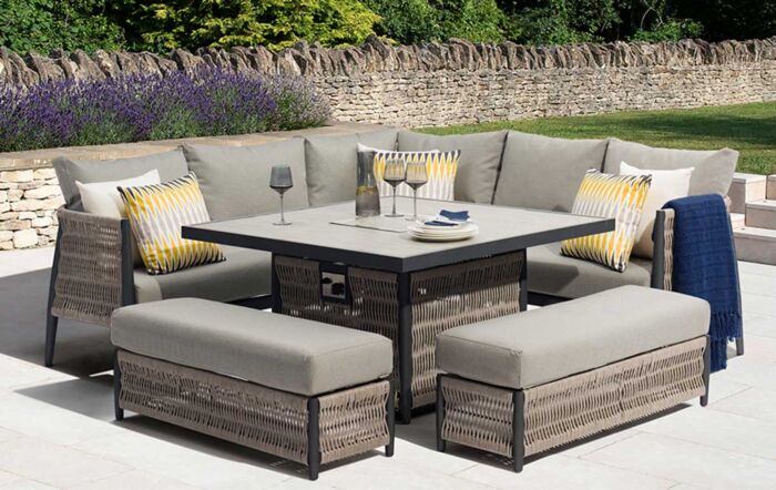 Bramblecrest Mauritius Grey Outdoor Corner Sofa Set with Firepit Table