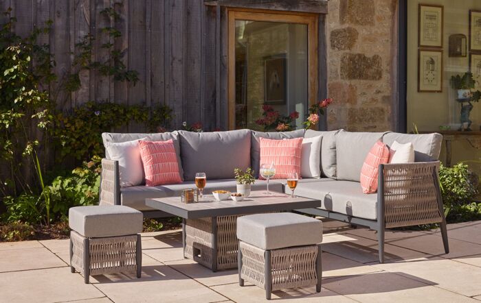 Bramblecrest Mauritius Small Corner Garden Sofa with Mini Adjustable Table - Eco Cobble