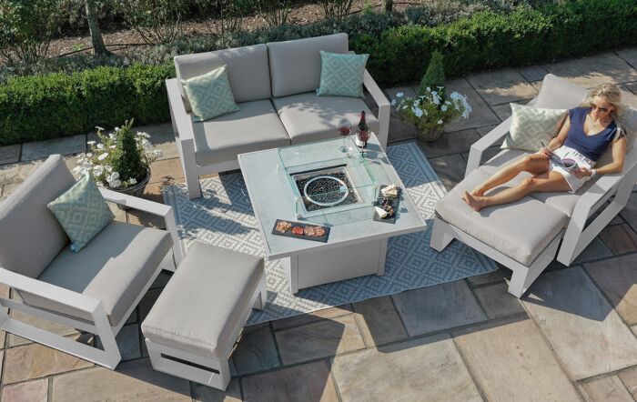 Maze Amalfi 2 Seat Garden Sofa Set with Fire Pit Table - White