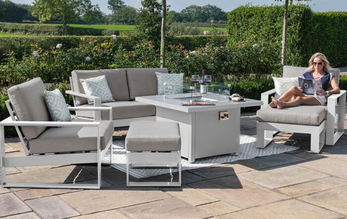 Maze Amalfi 2 Seat Garden Sofa Set with Fire Pit Table - White