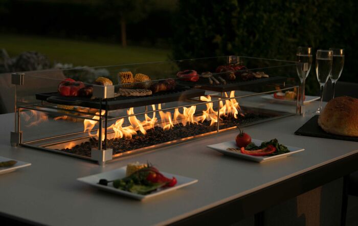 Maze Regal Outdoor Lead Chine Fabric 8 Seat Bar Set with Fire Pit 