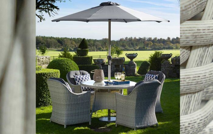 Bramblecrest Monterey Grey 4 Seater Round Dining Set with Parasol 