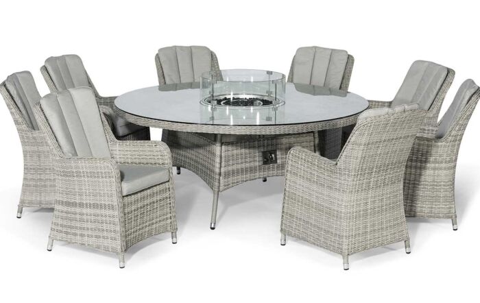 Maze Oxford Round 8 Seat Dining Set with Venice Chairs, firepit and Lazy Susan.