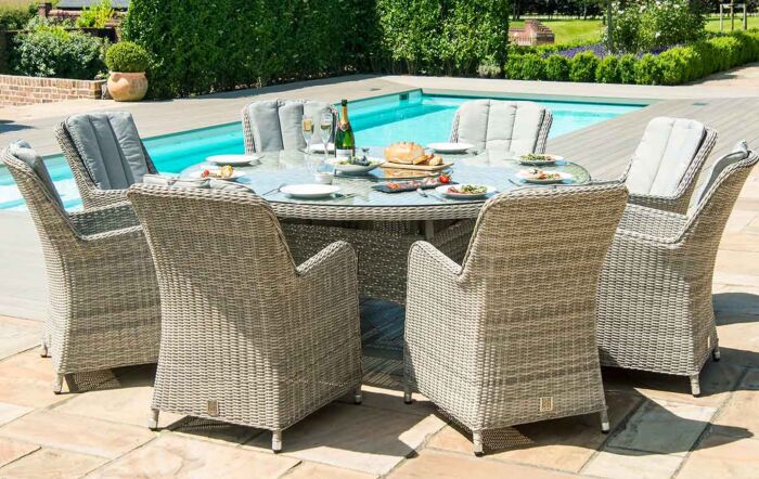 Maze Oxford Round 8 Seat Dining Set with Venice Chairs, firepit and Lazy Susan.