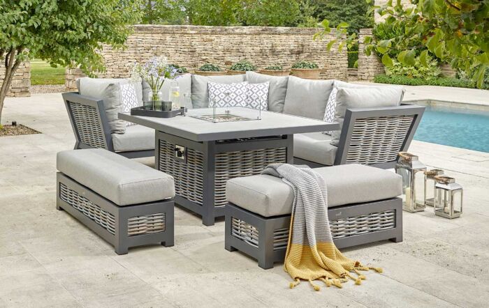 Bramblecrest Tuscan Corner Sofa Outdoor Set with Firepit Table - Grey